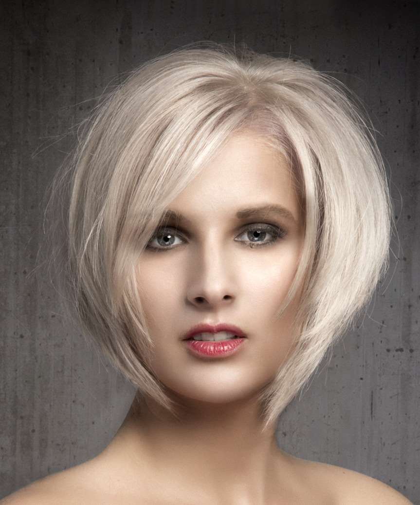 Short Straight Light Ash Blonde Bob Haircut With Side Swept Bangs