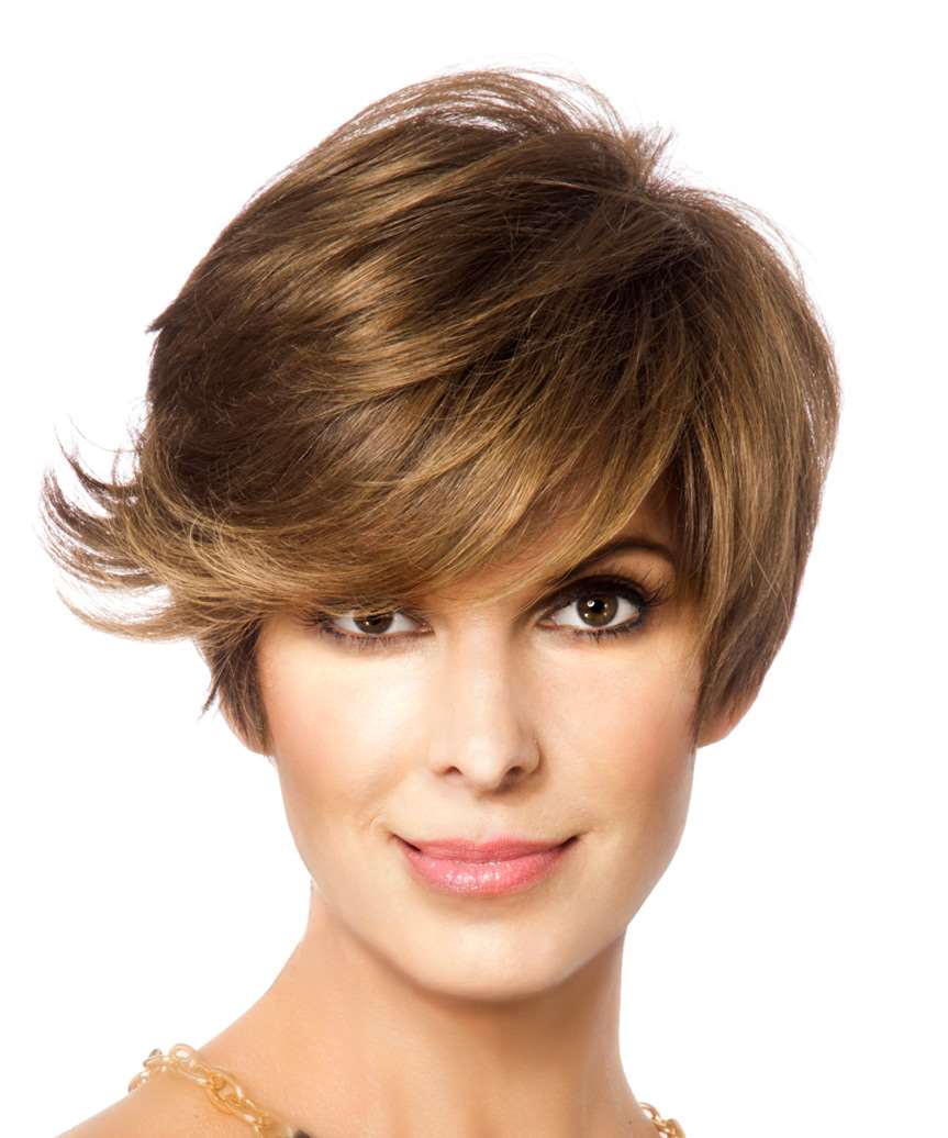 Short Straight Light Brunette Hairstyle with Side Swept Bangs