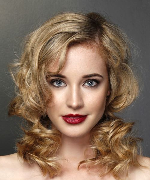  Medium Wavy    Blonde   Hairstyle with Side Swept Bangs 