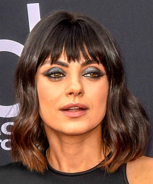 Mila Kunis Medium Wavy Black Bob Haircut With Blunt Cut Bangs