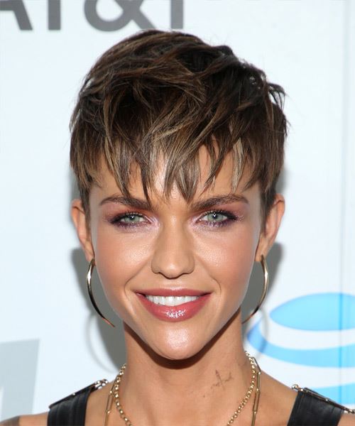 Ruby Rose     Dark Brunette Pixie  Haircut with Layered Bangs