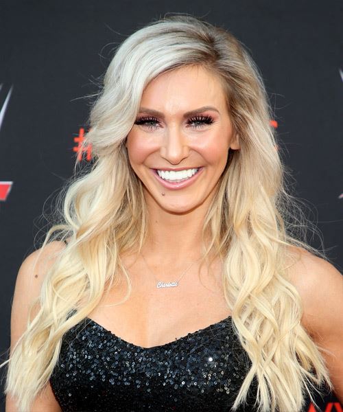 Charlotte Flair Long Wavy   Light Blonde   Hairstyle with Side Swept Bangs