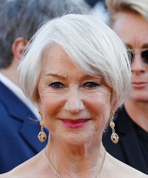 Helen Mirren Short Straight Light Grey Bob Haircut with Side Swept Bangs