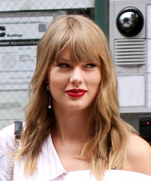 Taylor Swift Long Wavy Blonde Choppy Haircut with Blunt Cut Bangs