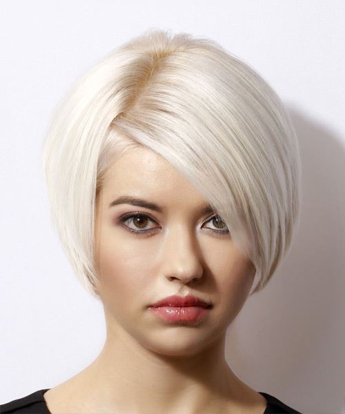 Short Straight Light Blonde Bob Haircut with Side Swept Bangs