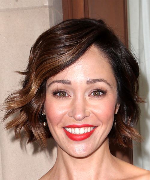 Autumn Reeser Medium Wavy    Brunette Bob  Haircut with Side Swept Bangs