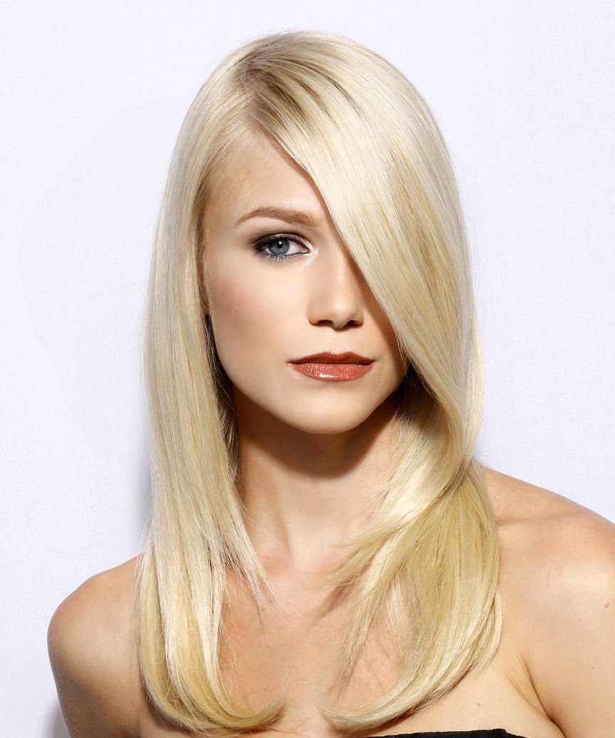 medium length straight hairstyles with side bangs