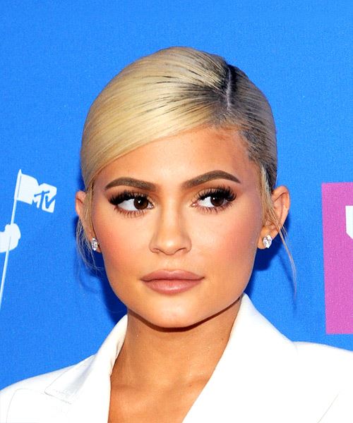 Kylie Jenner Long Straight   Light Blonde  Updo Hairstyle with Side Swept Bangs