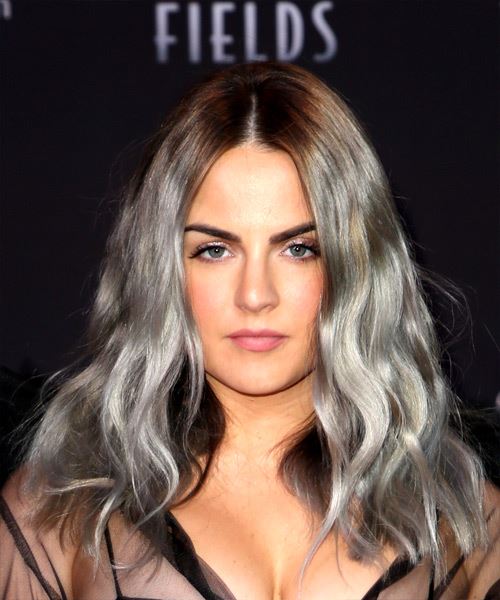 Jojo Levesque Long Wavy   and  Grey Two-Tone   Hairstyle with Layered Bangs