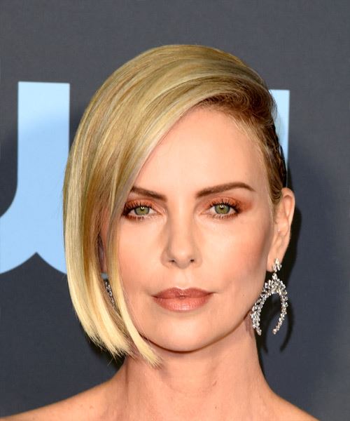 Charlize Theron Short Straight    Platinum Blonde Bob Half Up Haircut with Side Swept Bangs