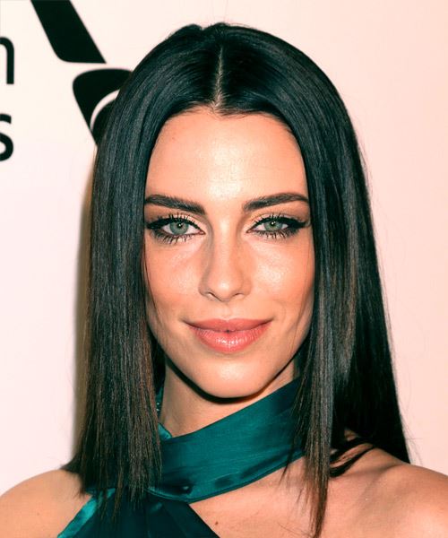 Jessica Lowndes Medium Straight Black Bob Haircut With Blunt Cut Bangs