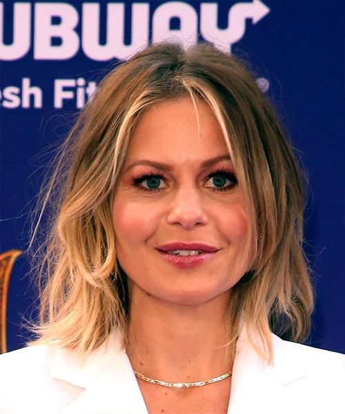 Candace Cameron Bure Medium Wavy    Brunette Bob  with Layered Bangs  and Light Blonde Highlights