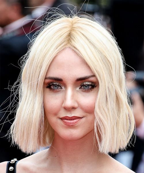 Chiara Ferragni Medium Straight Blonde Bob Haircut with Blunt Cut Bangs