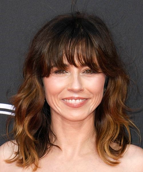 Linda Cardellini Long Wavy Layered  Black  and Copper Two-Tone Bob  with Blunt Cut Bangs