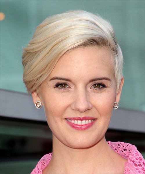 Maggie Grace Light Grey Pixie Cut with Side Swept Bangs that suits glasses