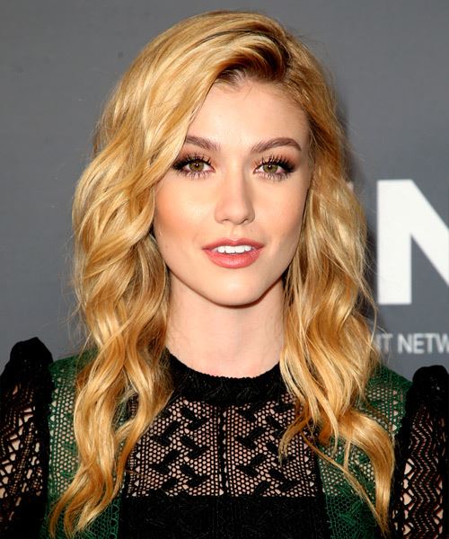 Katherine McNamara Long Wavy Strawberry Blonde Hairstyle with Side Swept Bangs and Light Blonde Highlights