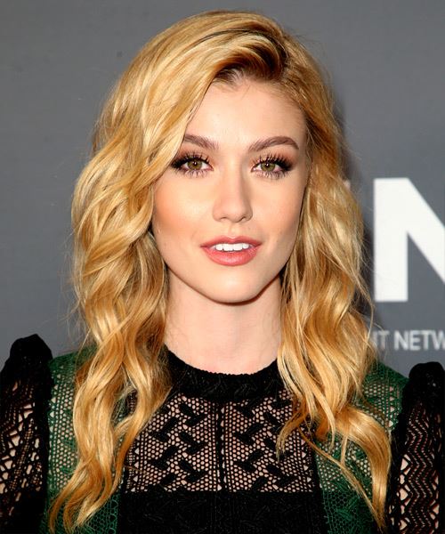 Katherine McNamara Long Wavy    Strawberry Blonde   with Side Swept Bangs  and Light Blonde Highlights