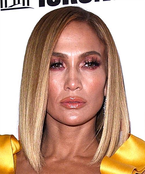 Jennifer Lopez Medium Straight    Blonde Bob  Haircut with Blunt Cut Bangs  and Dark Blonde Highlights