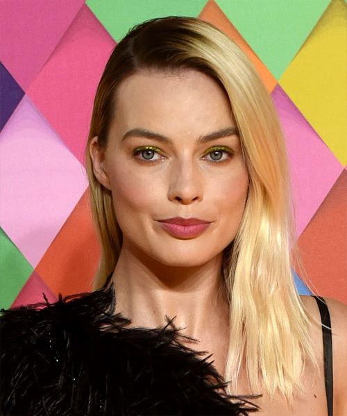 Margot Robbie Long Straight Layered  Light Blonde Bob  Haircut with Side Swept Bangs