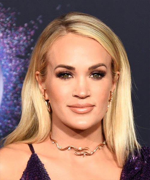 Carrie Underwood Long Straight    Blonde   Hairstyle with Side Swept Bangs  and Light Brunette Highlights