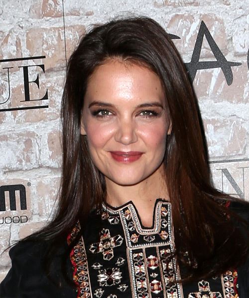 Katie Holmes Long Straight   Black  and Dark Brunette Two-Tone   Hairstyle with Side Swept Bangs
