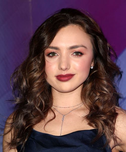 Peyton List Long Curly   Dark Copper Brunette   Hairstyle with Side Swept Bangs