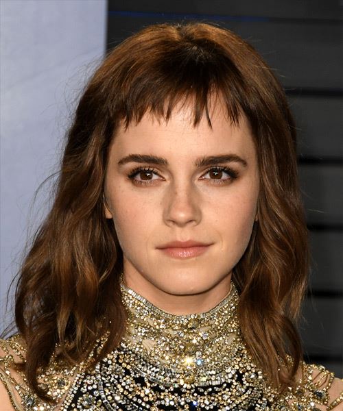Emma Watson Medium Wavy Layered   Brunette Bob  Haircut with Asymmetrical Bangs
