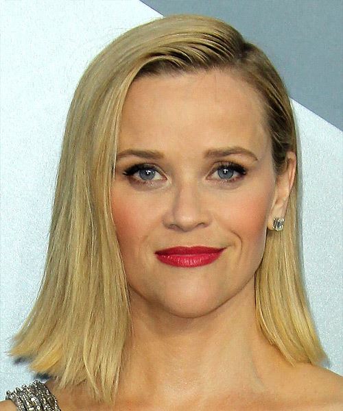 Reese Witherspoon Medium Straight   Light Blonde Bob  Haircut with Side Swept Bangs