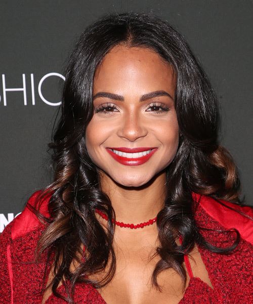 Christina Milian Long Wavy   Black Copper    Hairstyle with Layered Bangs