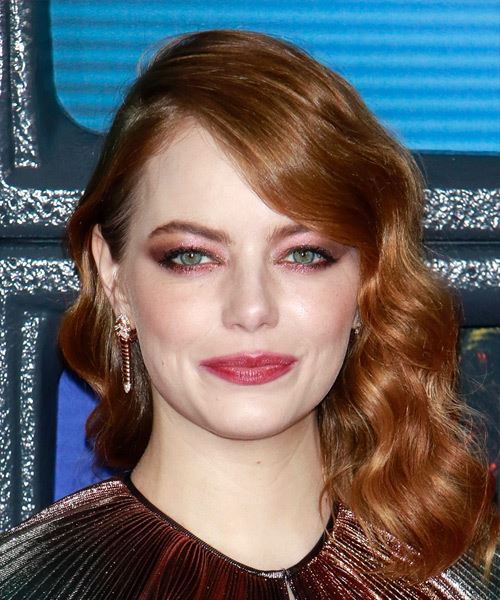 Emma Stone Long Wavy    Red   Hairstyle with Side Swept Bangs