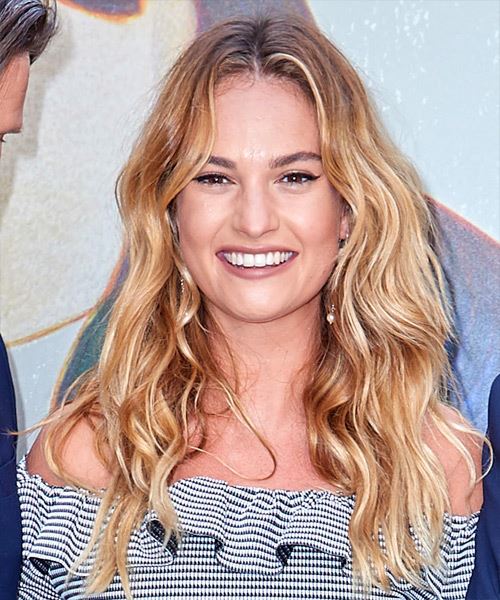 Lily James Long Wavy   Dark Blonde   Hairstyle   with Light Blonde Highlights