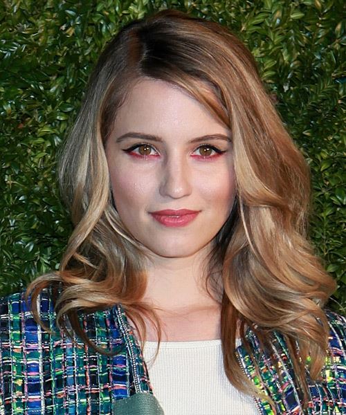Dianna Agron Long Wavy    Brunette   Hairstyle with Side Swept Bangs  and Light Brunette Highlights