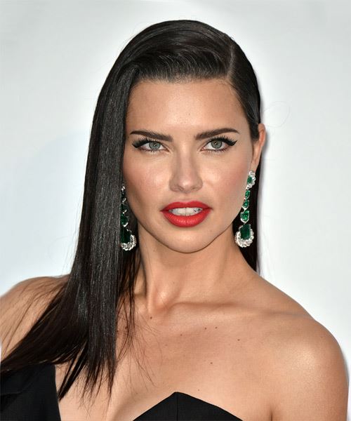 Adriana Lima Long Straight   Black  Asymmetrical  Hairstyle with Side Swept Bangs 