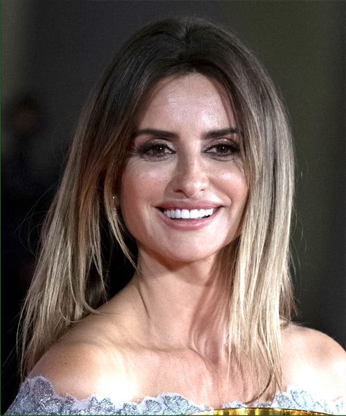 Penelope Cruz Long Straight    Brunette and Light Blonde Two-Tone   Hairstyle  