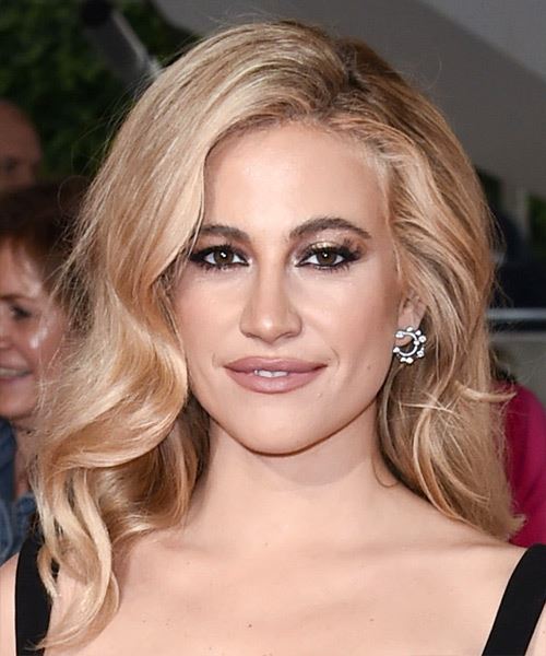 Pixie Lott Long Wavy   Light Copper Blonde   Hairstyle with Side Swept Bangs 