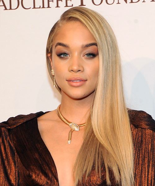 Jasmine Sanders Long Straight    Blonde   Hairstyle with Side Swept Bangs  and Light Blonde Highlights