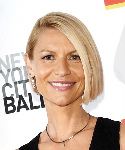 Claire Danes Short Straight    Blonde Bob  Haircut with Side Swept Bangs  and Light Blonde Highlights