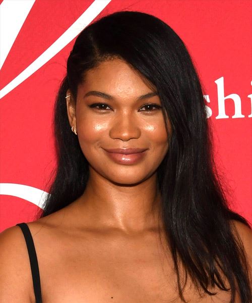 Chanel Iman Long Straight   Black    Hairstyle with Side Swept Bangs 