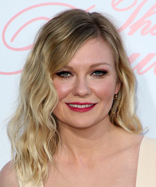 Kirsten Dunst Medium Wavy    Blonde   Hairstyle with Side Swept Bangs  and Light Blonde Highlights