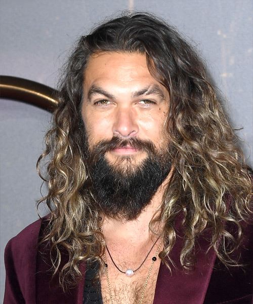 Jason Momoa Long Curly   Black    Hairstyle   with Light Brunette Highlights