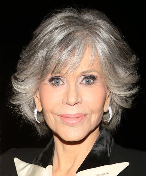 Jane Fonda Medium Straight Layered  Dark Grey and  Grey Two-Tone Bob  Haircut