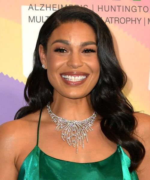 Jordin Sparks Long Wavy   Black    Hairstyle with Side Swept Bangs