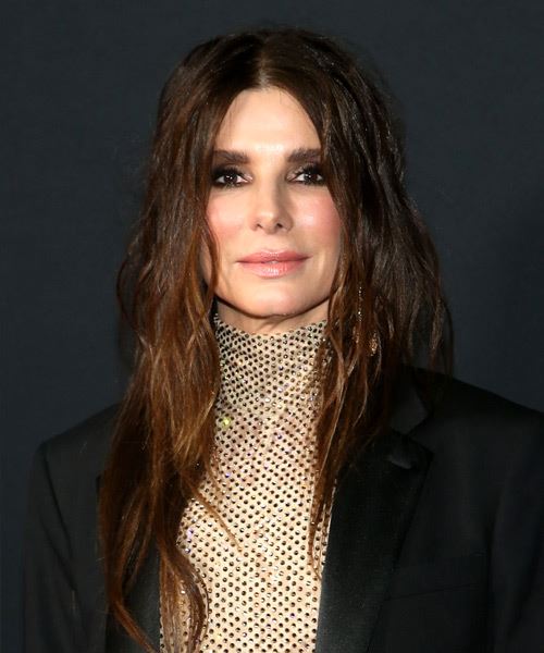Sandra Bullock Long Wavy   Dark Brunette   Hairstyle with Layered Bangs  and  Brunette Highlights