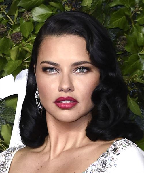 Adriana Lima Medium Curly   Black    Hairstyle with Side Swept Bangs