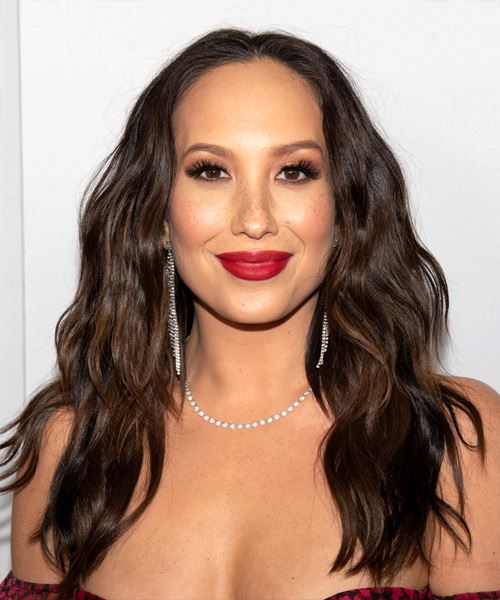 Cheryl Burke Long Wavy   Dark Brunette   Hairstyle with Layered Bangs  and Light Brunette Highlights