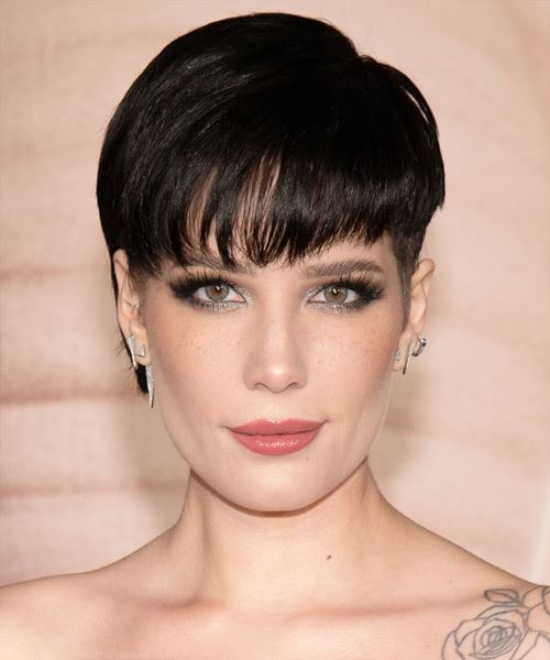 Halsey   Layered  Black  Pixie  Cut with Layered Bangs 