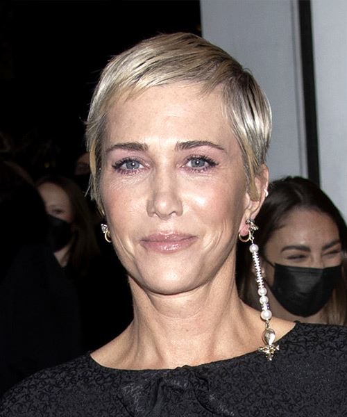 Kristen Wiig      Grey Pixie  Cut with Layered Bangs  and Light Blonde Highlights