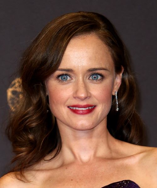 Alexis Bledel Medium Wavy    Brunette   Hairstyle with Side Swept Bangs  and Light Brunette Highlights