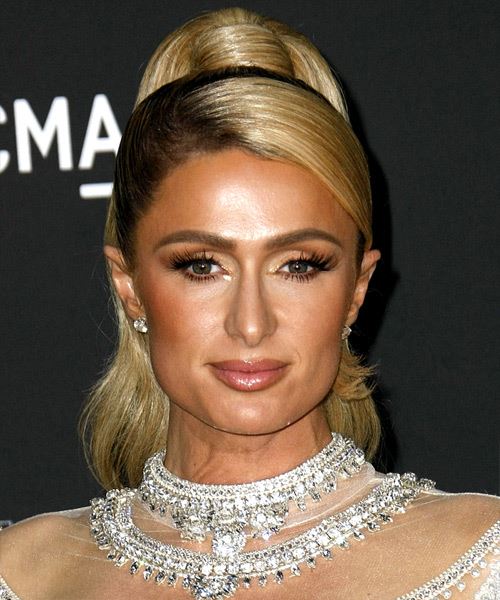 Paris Hilton Long Straight   Light Blonde and Dark Brunette Two-Tone  Updo Hairstyle
