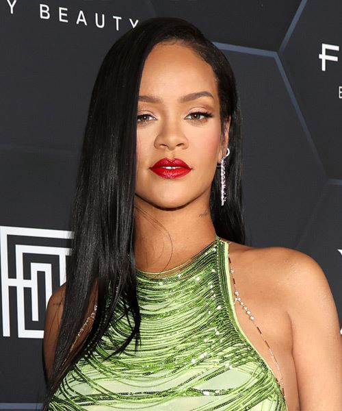 Rihanna Long Straight   Black    Hairstyle with Side Swept Bangs 